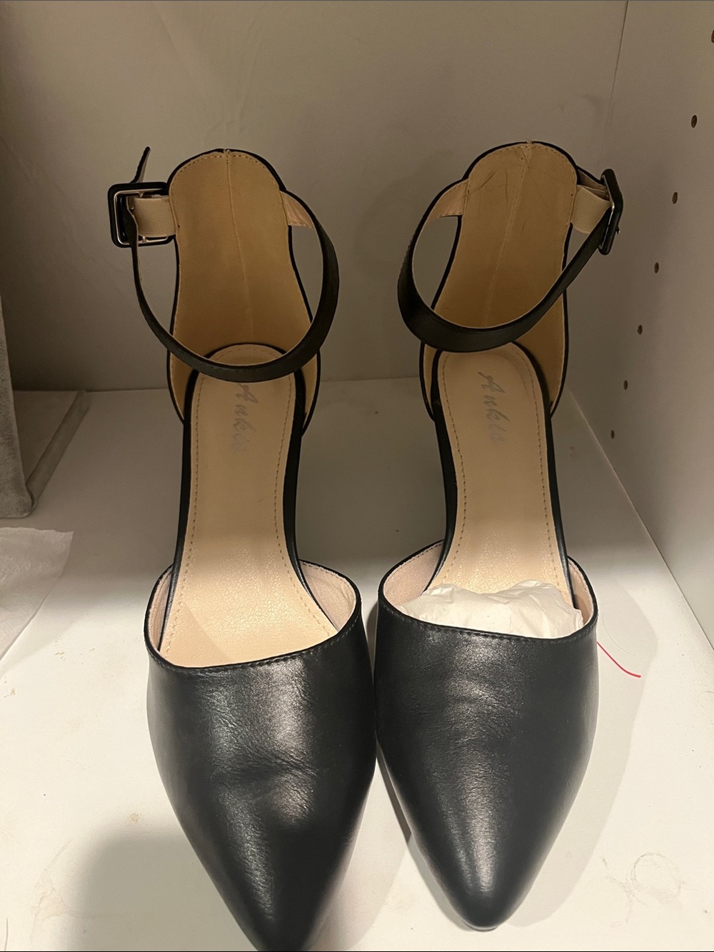 Black Pointed Ankle-Strap Heels with Cushioned Insole